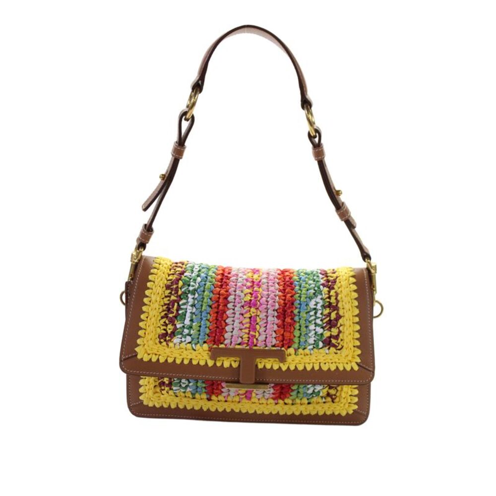 Tods Womens Woven Raffia Trim Leather Flap Clutch Crossbody Handbag Multicolor